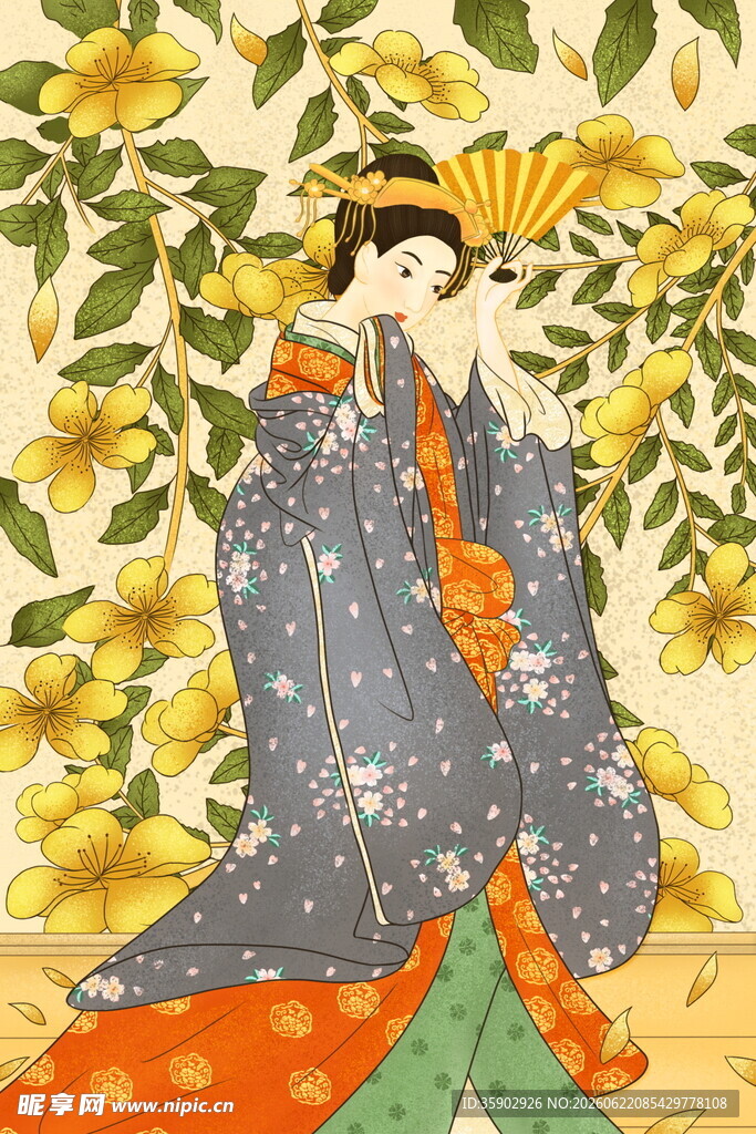 身着和服的古典女子赏花