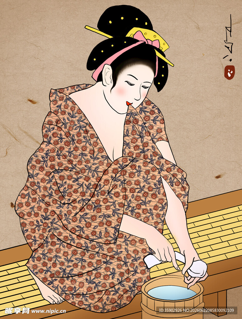 和服女子专注于手部清洁