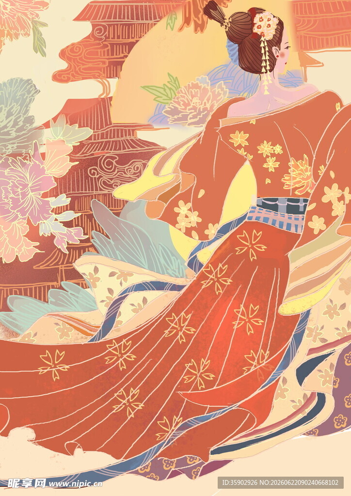 古风女子飘逸红衣美如画