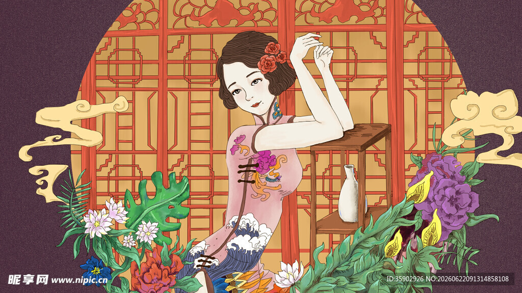 古风佳人持扇倚于繁花间