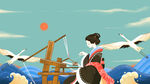 古风女子与仙鹤海上图景