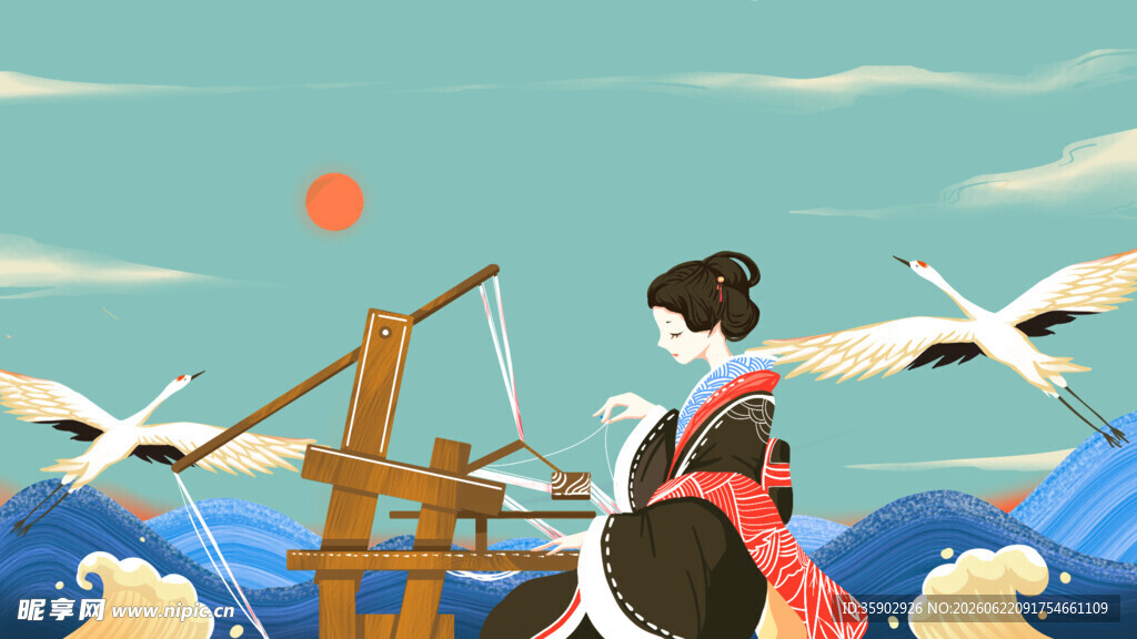 古风女子与仙鹤海上图景