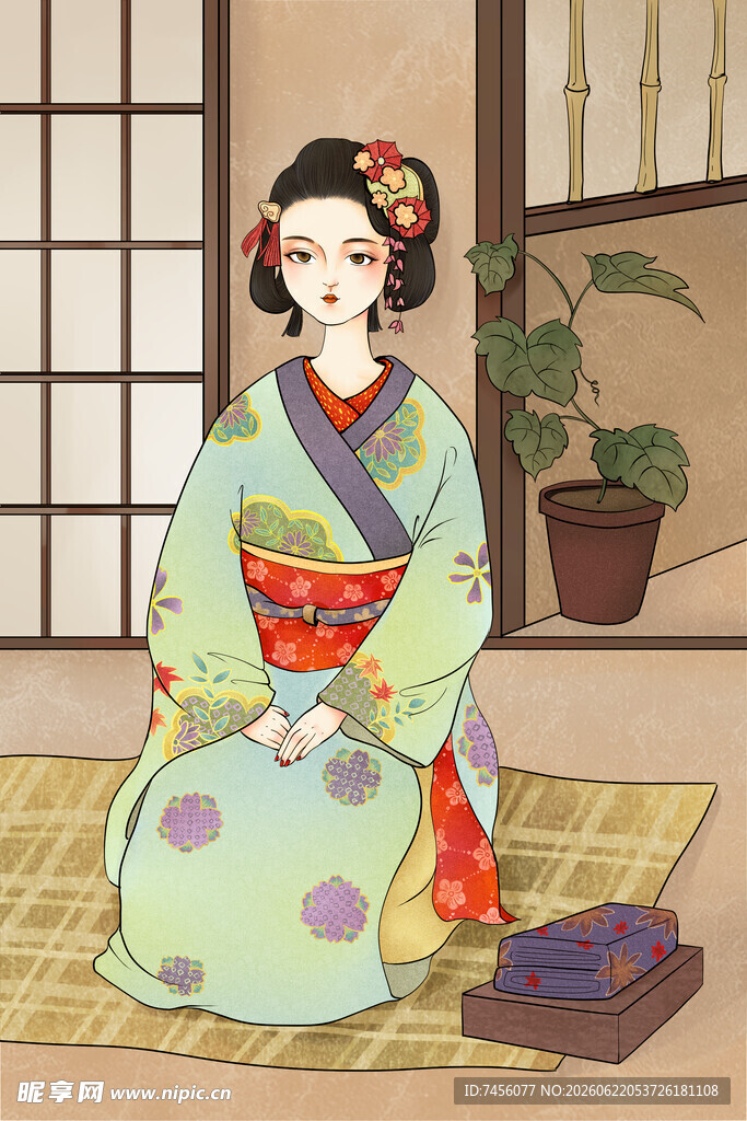 和服女子静坐在日式房间内