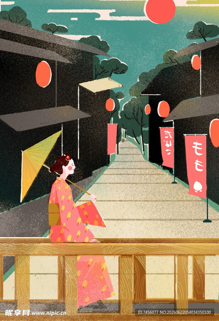 古风女子漫步古街夜景
