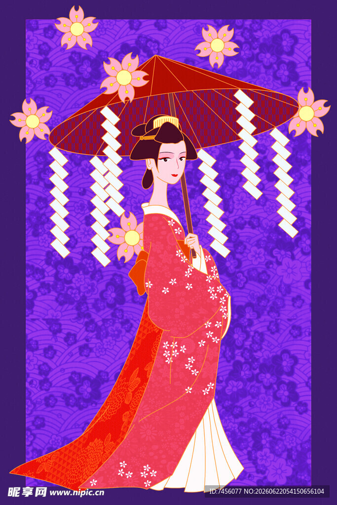 身着和服撑伞的优雅女子