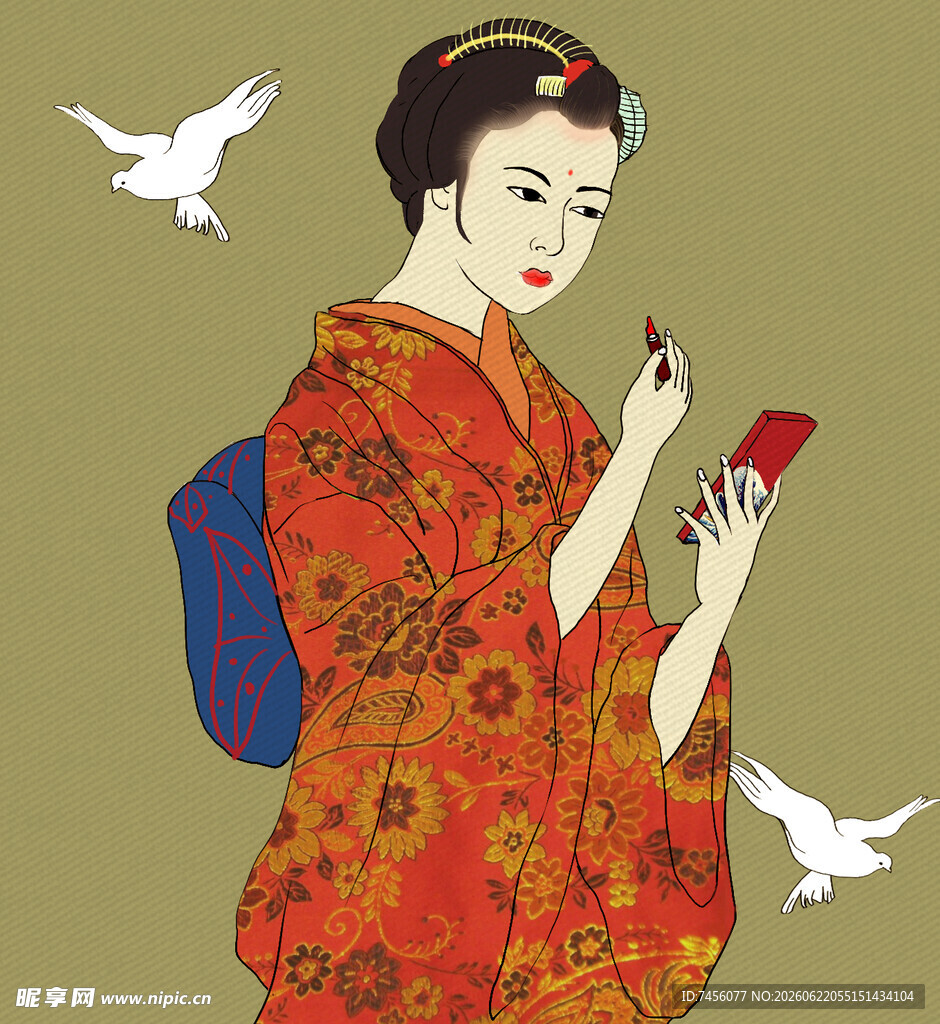 和服女子手持物件赏飞鸟