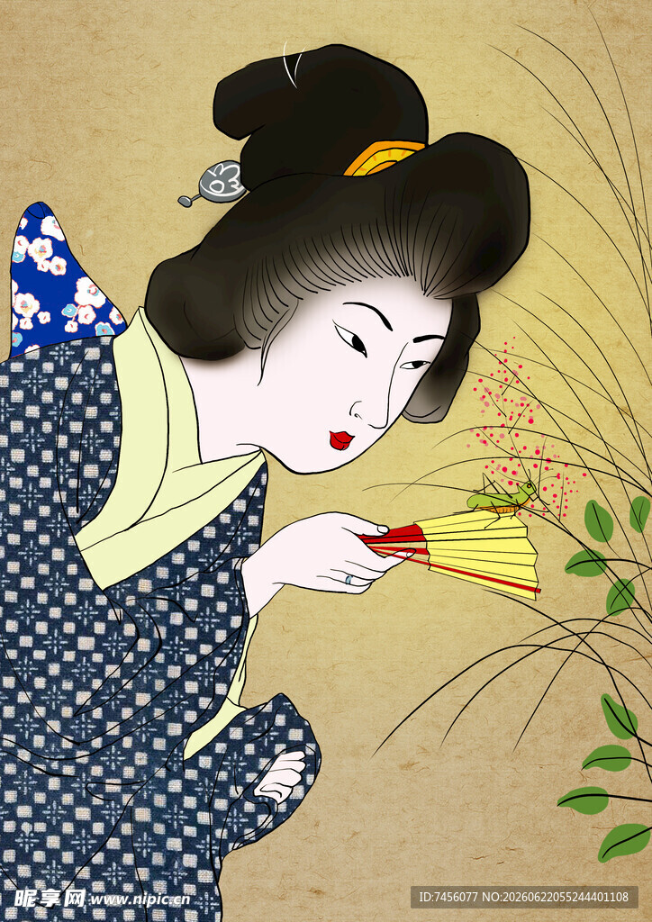 手持折扇的古典东瀛女子