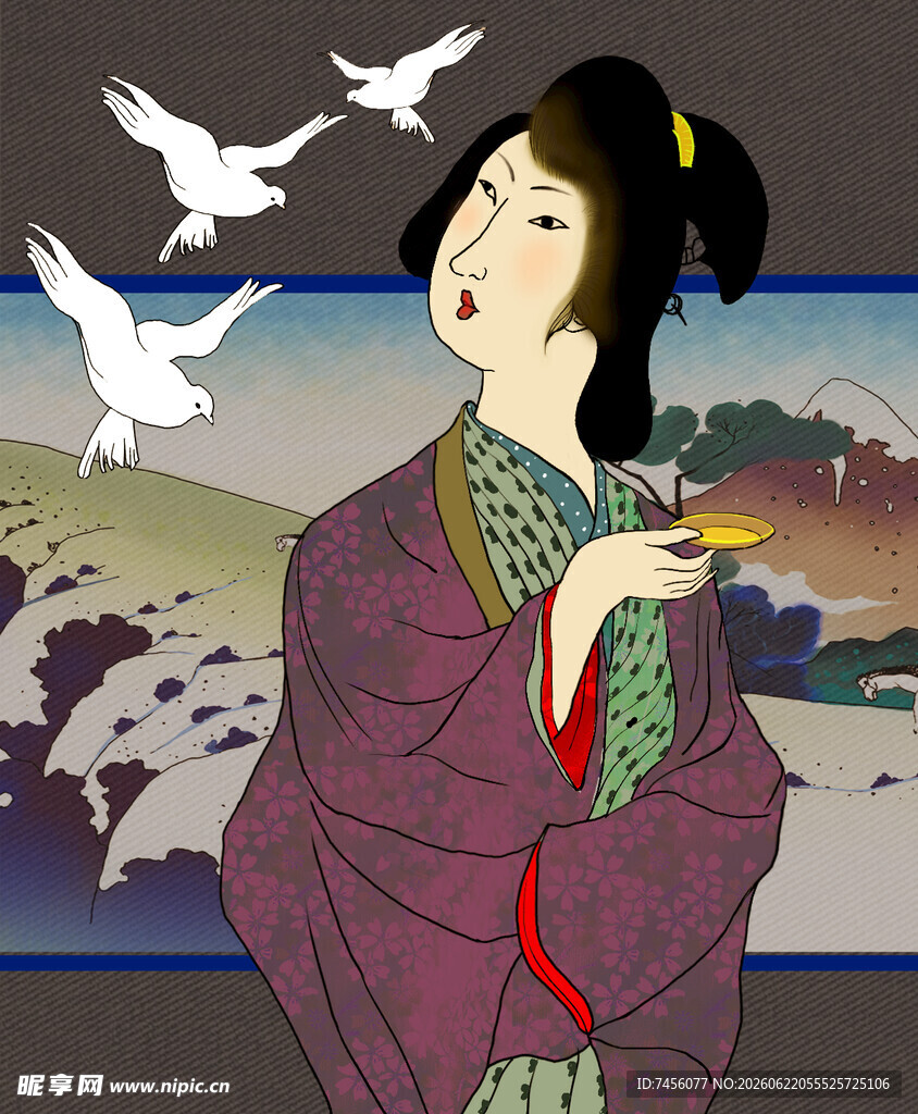 古典和服女子与飞鸟