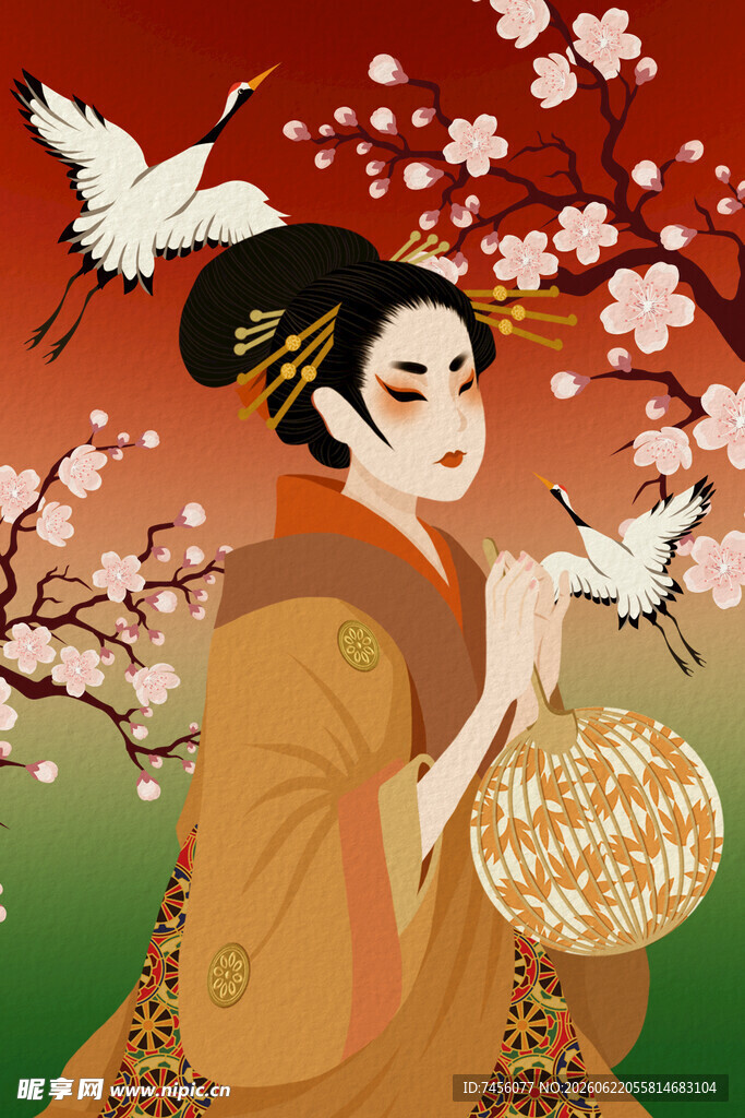 和服女子赏花伴飞鸟