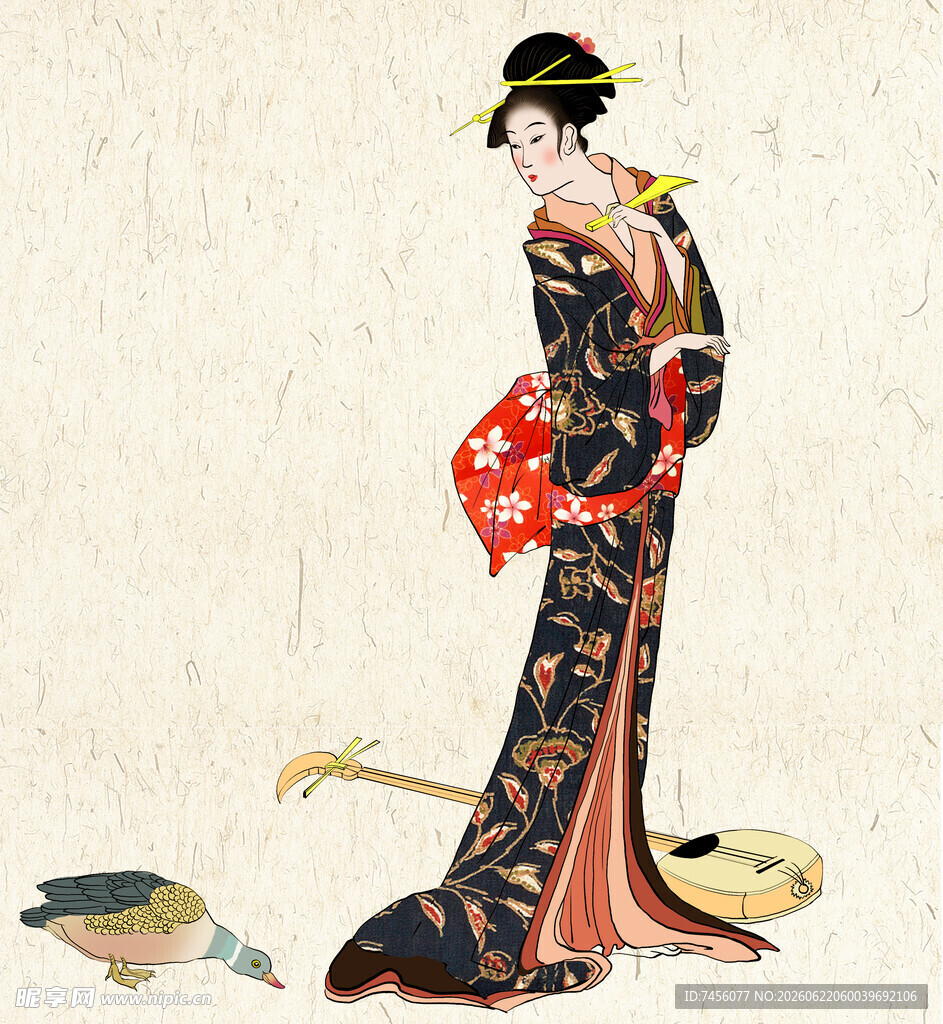 古典和服女子持扇优雅而立