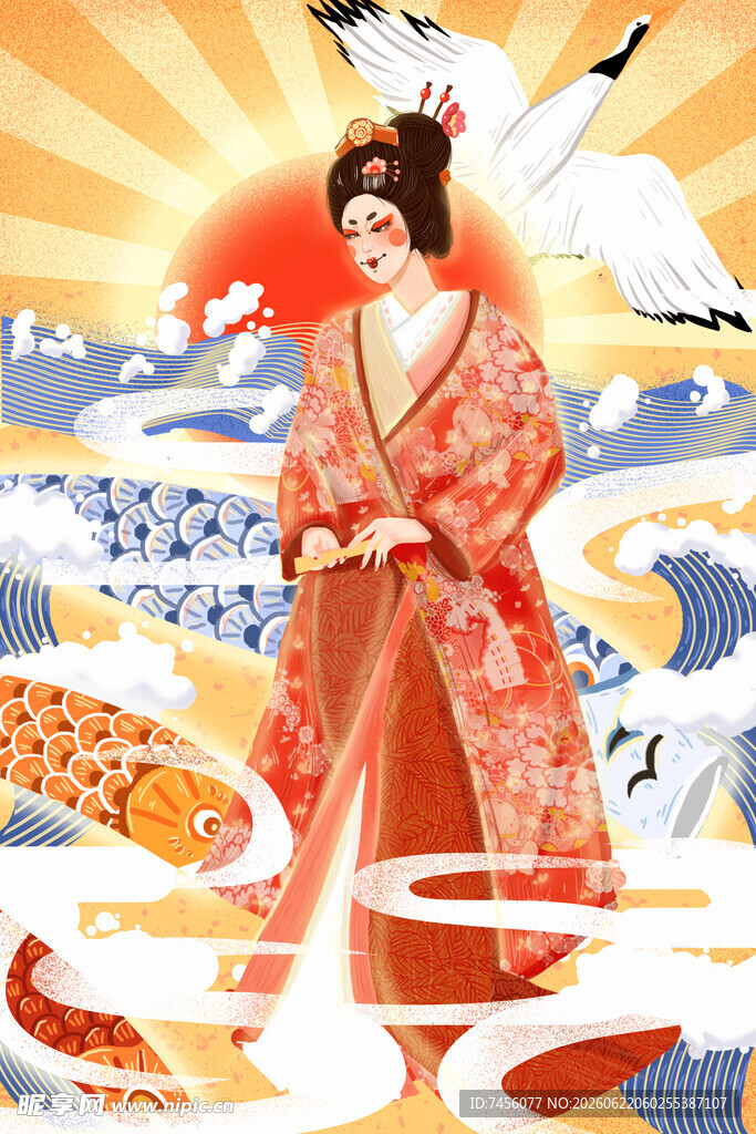 古风和服女子与锦鲤画面