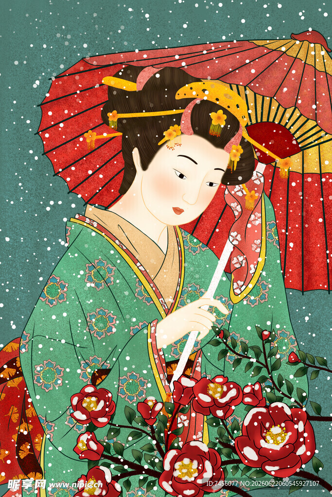 持伞艺伎于花丛中