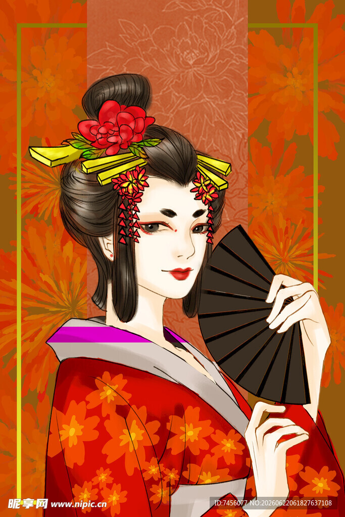 身着和服的优雅日本艺伎