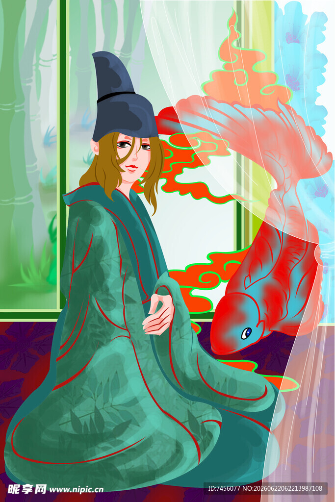 复古装扮女子静坐赏景