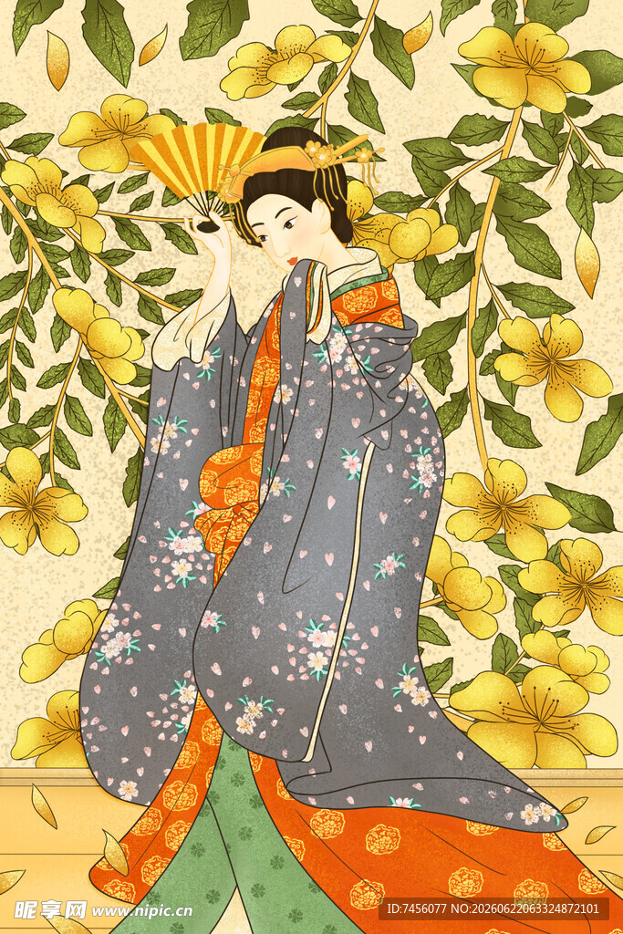 日式和服女子与花卉图景