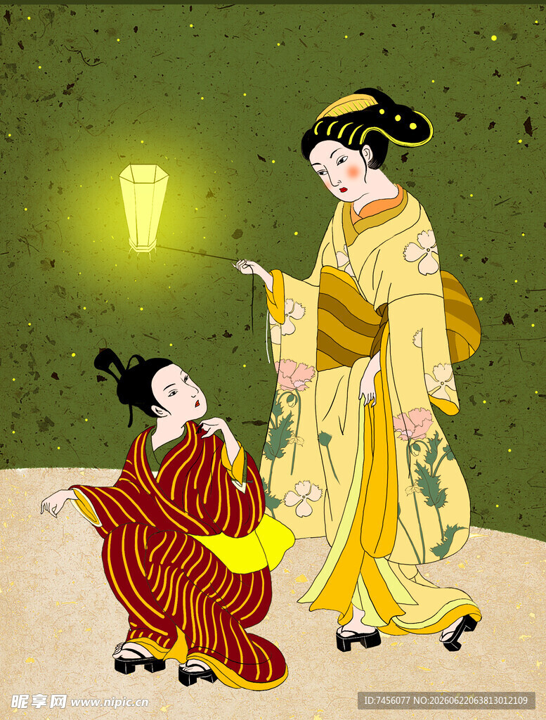 古代女子与孩童放孔明灯