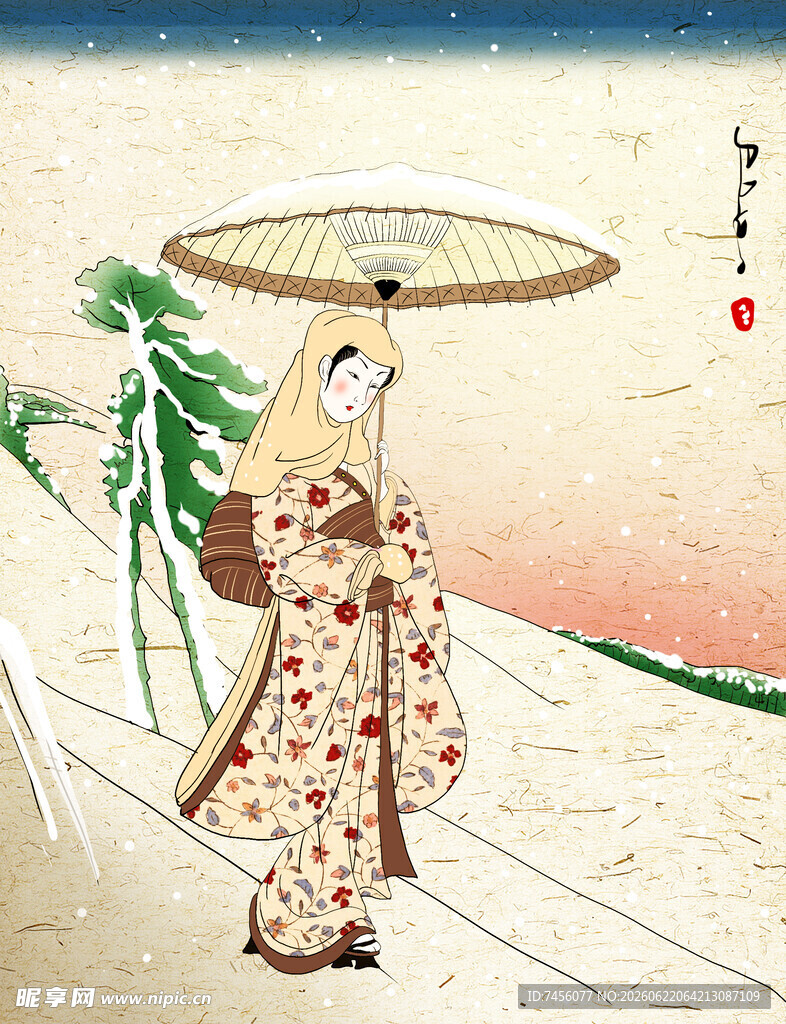 撑伞漫步的传统和服女子