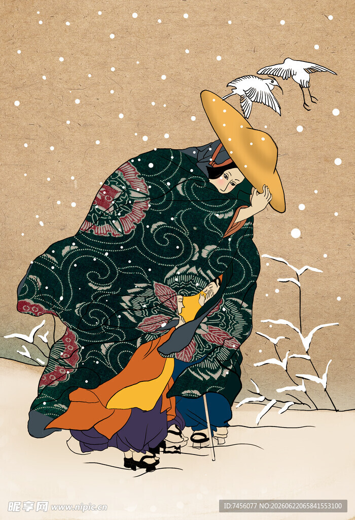冬日雪中传统服饰人物场景