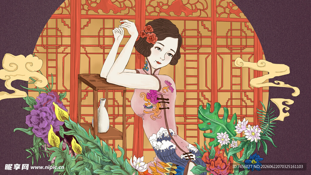 古风仕女图繁花相伴