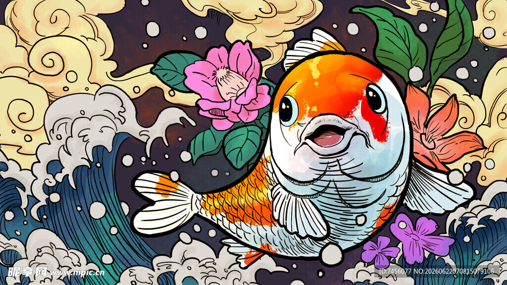锦鲤戏浪伴繁花