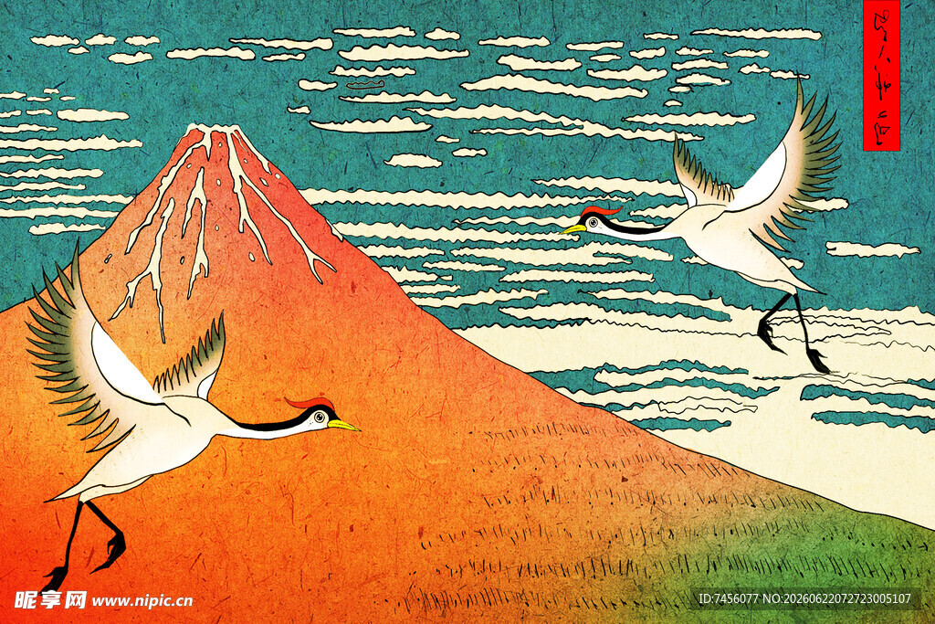 丹顶鹤飞越富士山景观