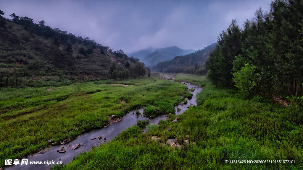 山间溪流绿野葱茏之景