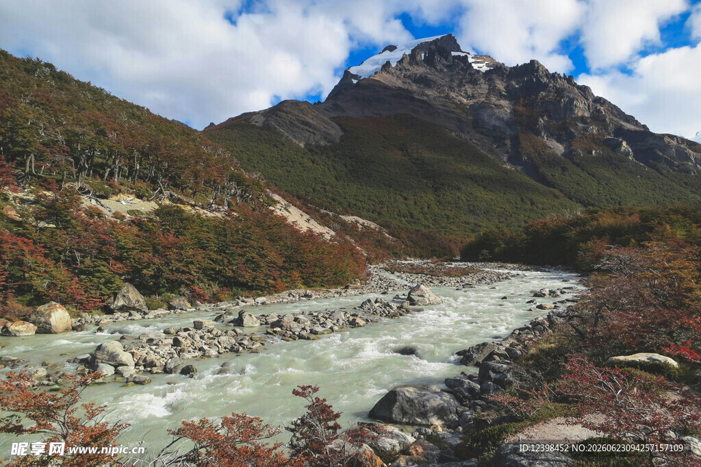 山间湍急河流与巍峨山峰