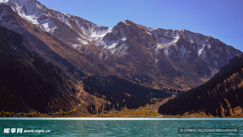 壮丽高山下的碧绿湖水