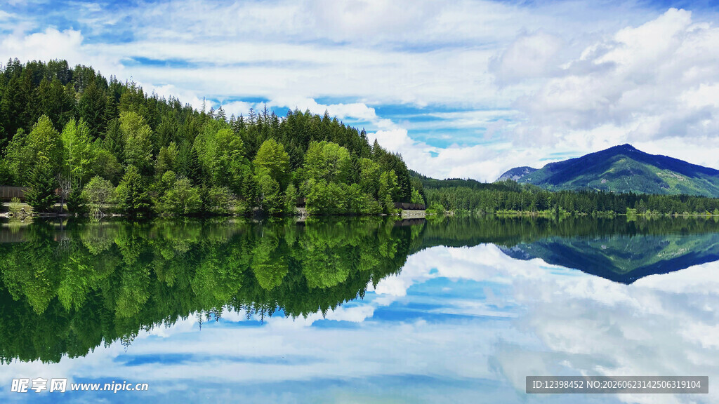 宁静湖景与葱郁山林倒映