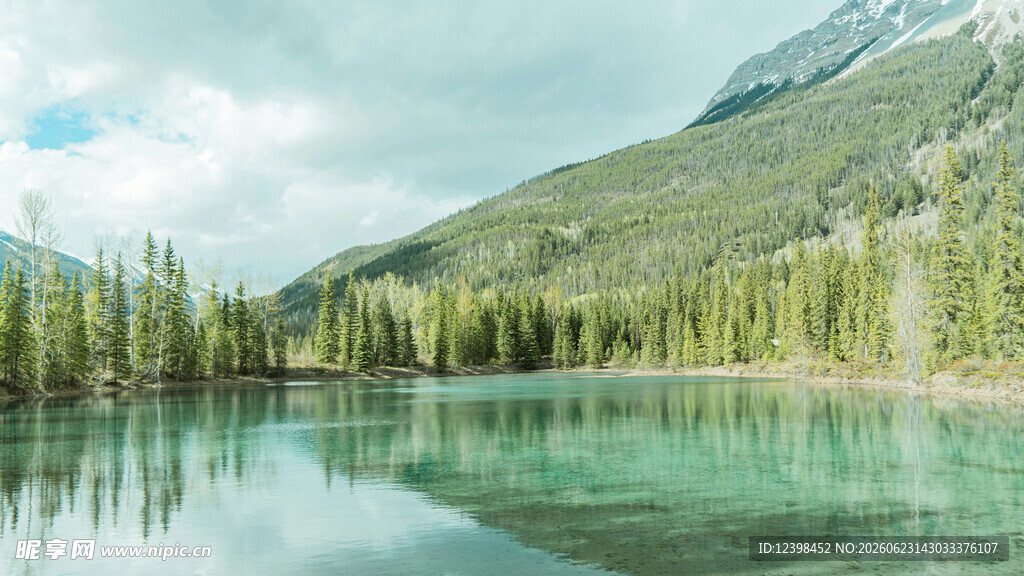宁静翠绿湖泊与山林美景