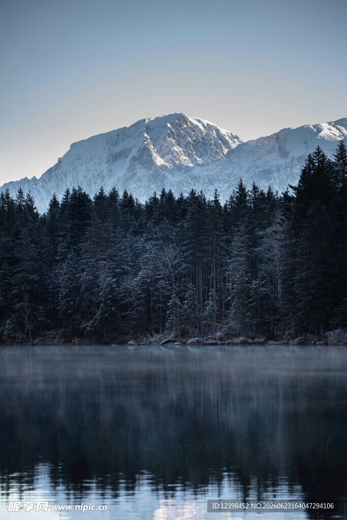宁静湖畔的雪山森林美景