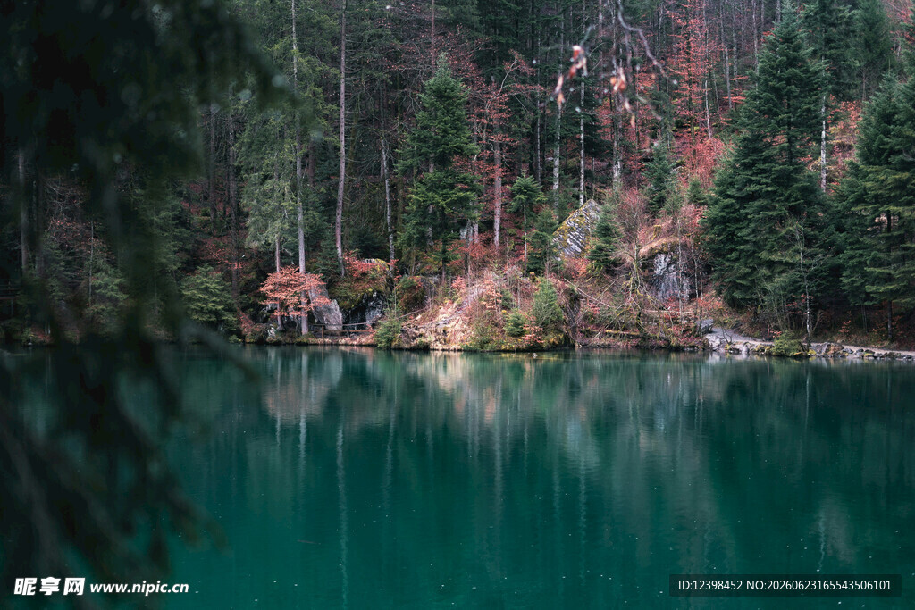 静谧山林中的碧绿湖水