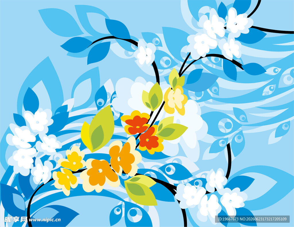 蓝白花卉图案