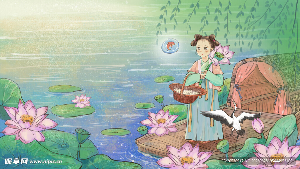 古风女子湖畔悠然采莲