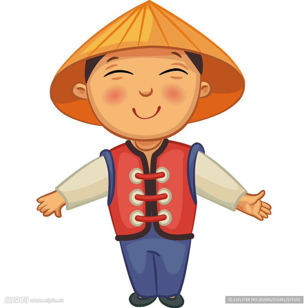 戴斗笠的可爱传统服饰孩童