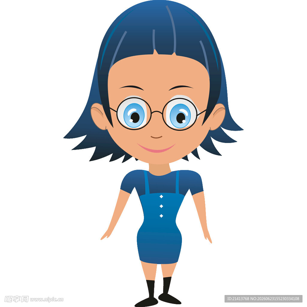 戴眼镜的蓝色衣服卡通女孩