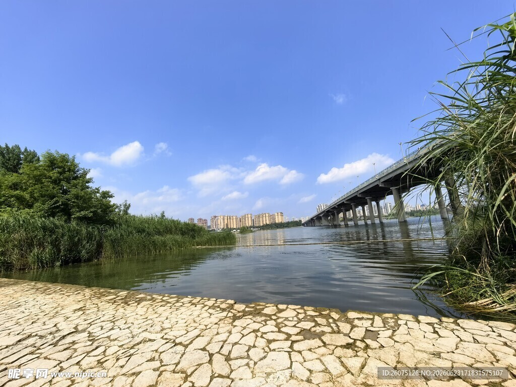 河畔石径与远处桥梁风景