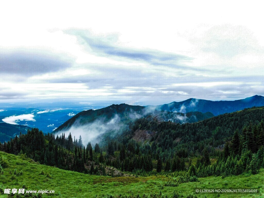 山间绿野云雾缭绕美景