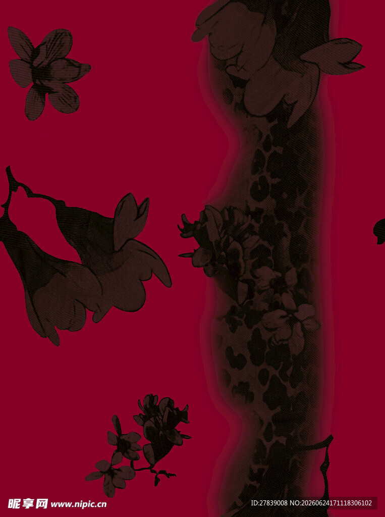 深红背景下的雅致花卉图案