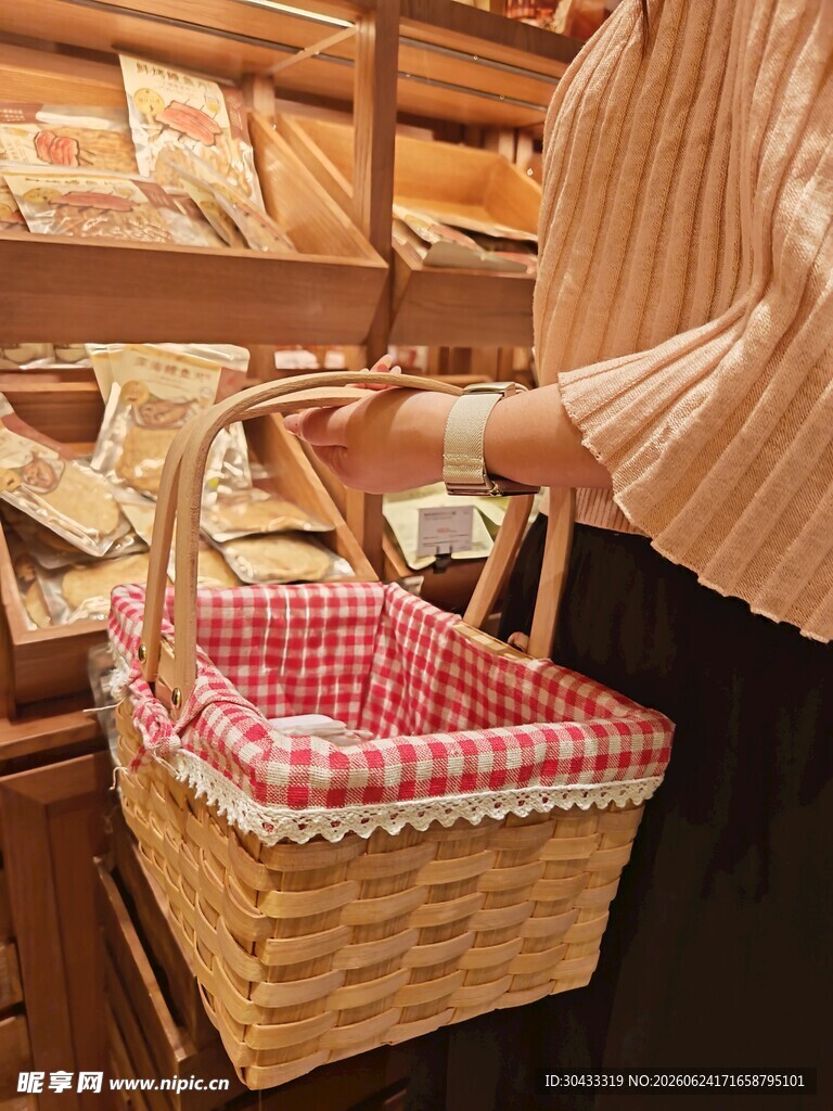 手拎格子布野餐篮