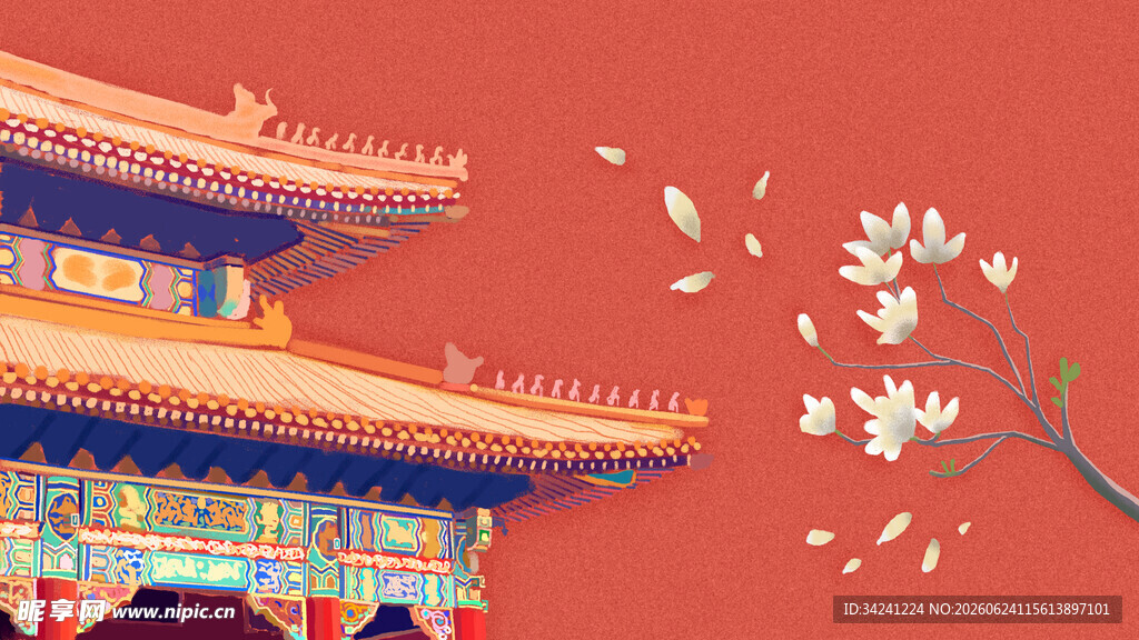 中式古建筑与烂漫繁花