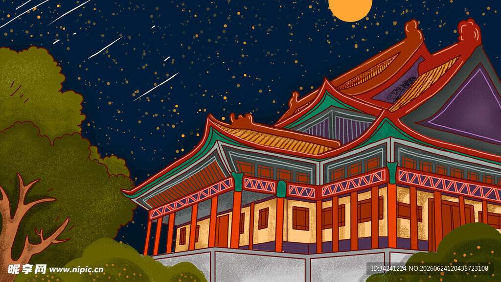 月夜下的中式古建筑