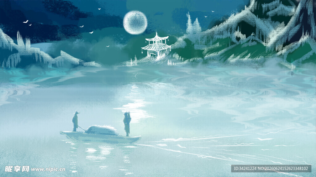 月夜下的天鹅湖美景