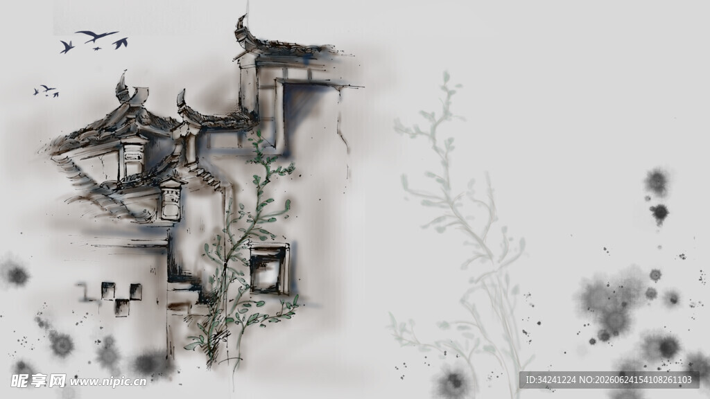 水墨风古建筑风景图