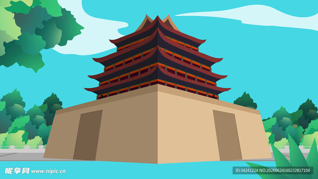 古风城楼绿树环绕之景