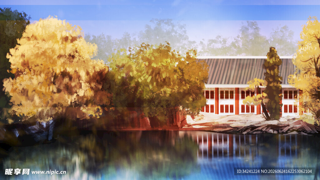 湖畔秋景中的传统建筑