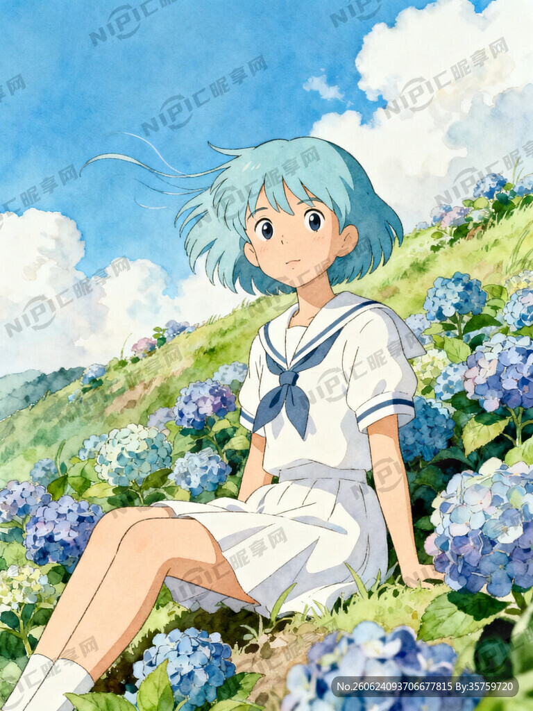 日系动漫少女 浅蓝短发 圆眼睛