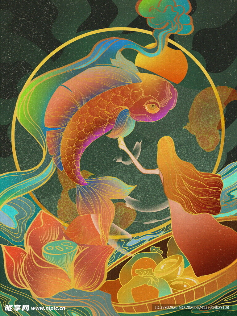 梦幻国风锦鲤与龟的奇幻绘