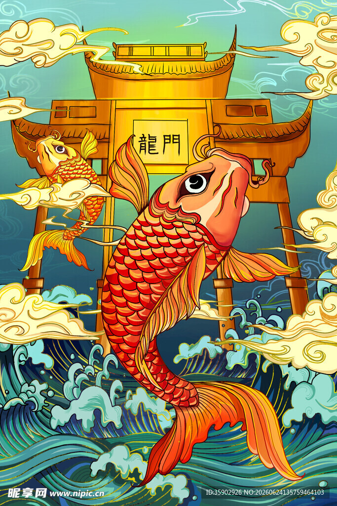 鲤鱼跃龙门插画