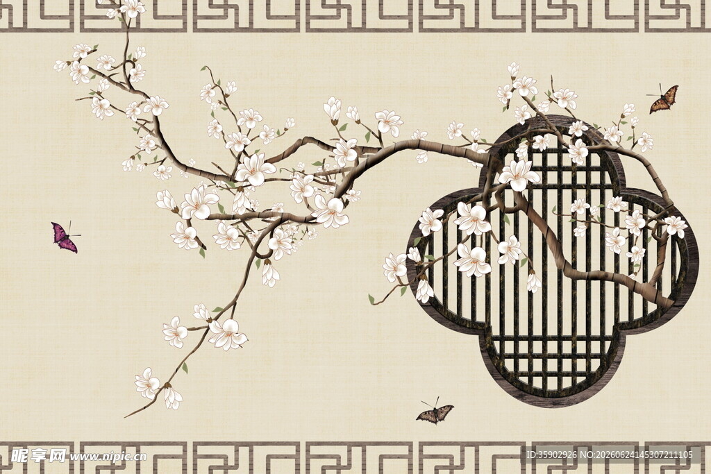 中式古典窗棂与花枝景致